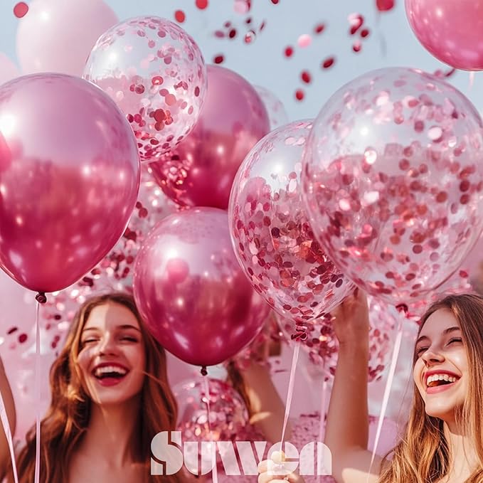 SUWEN Pink Metallic Balloons and Confetti Balloons Set 47PCS Latex Helium Chrome Hot Pink Balloon for Birthday Graduation Anniversary Wedding Party Decorations
