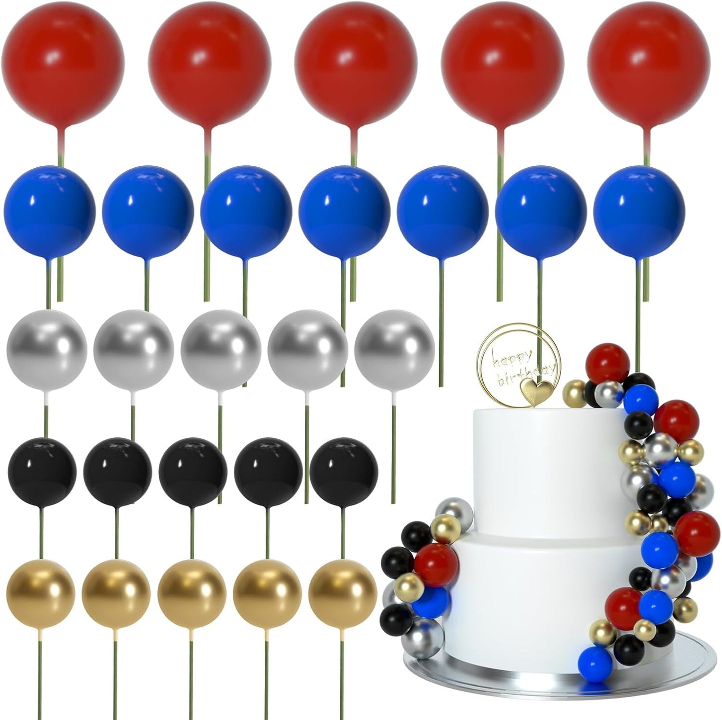 ASTARON 50 Pcs Ball Cake Topper Sticks Mini Balloons for Cake Decorating Supplies Foam Balls Cake decorations for Baby Shower Cake Birthday Cake Toppers Decorations (Red Blue)