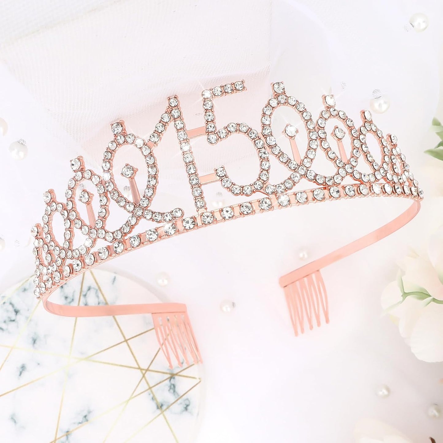 CIEHER 15th Birthday Crown + 15th Birthday Sash + Pearl Pin Set, 15th Birthday Gifts for Girls It's My 15th Birthday Decorations Women Happy 15th Birthday Party Supplies