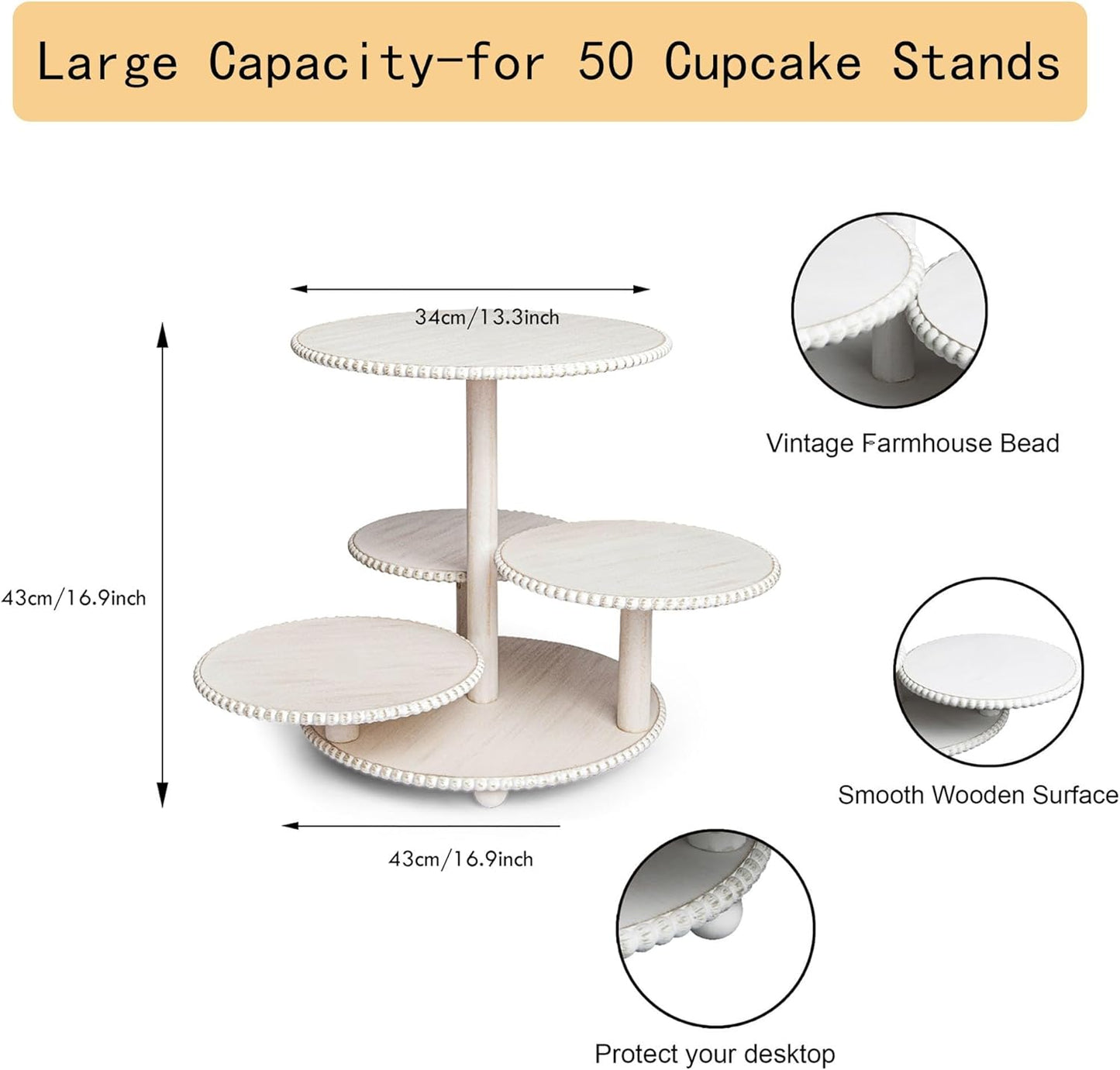 4 Tiered Beaded Cake and Cupcake Stand, Rustic Wooden Cupcake Tower Stands for 50 Cupcakes, White Cupcake Tier Stand Display for Birthday Wedding Baby Shower Tea Party Decor