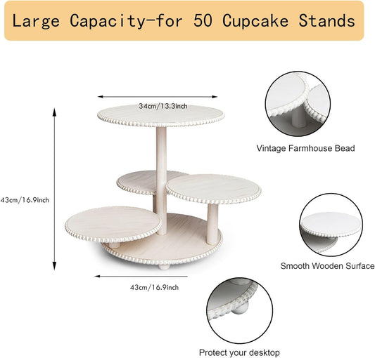 4 Tiered Beaded Cake and Cupcake Stand, Rustic Wooden Cupcake Tower Stands for 50 Cupcakes, White Cupcake Tier Stand Display for Birthday Wedding Baby Shower Tea Party Decor