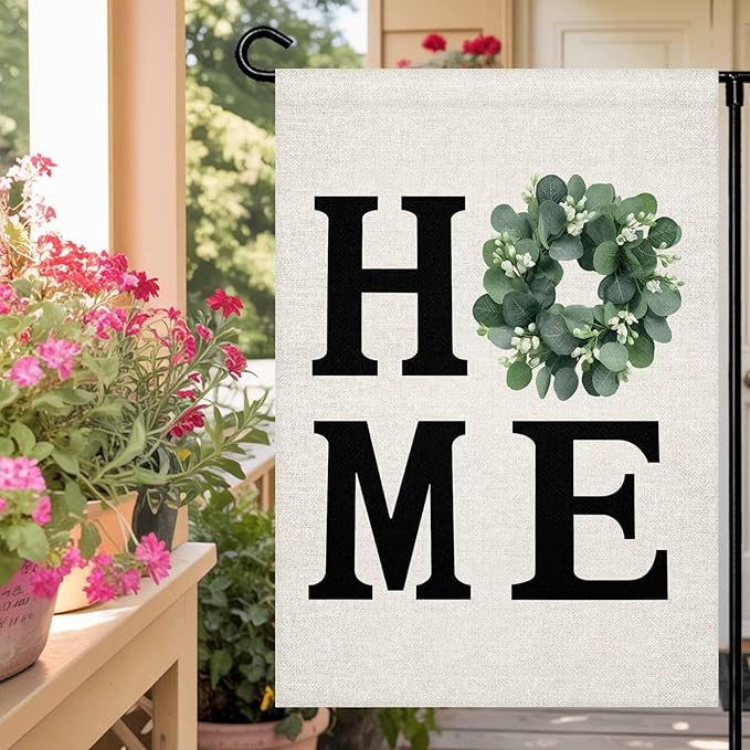 Garden Flag Home Green Eucalyptus Leaves Garland,Welcome House Flags for Outdoor Yard Porch, Retro Linen Double Sided Holiday Banner for Party Home Decor