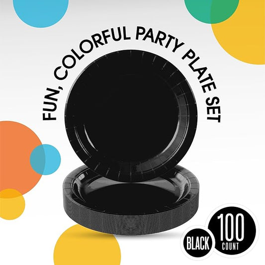 Exquisite Party Solids Black Paper Plates Disposable Heavy Duty 7 Inch Black Disposable Plates For Party 100 Pcs Heavy Duty Paper Plate 350 GSM, Birthday Supplies Plate Set