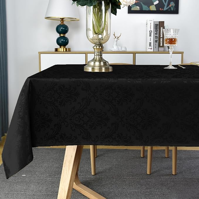 Rectangle Table Cloth - 60 x 84 Inch Black Jacquard Tablecloths Damask Design Spillproof Wrinkle Resistant Shrinkproof Soft Tablecloth Polyester Oblong Table Cover for Kitchen Dinning Party Tabletop