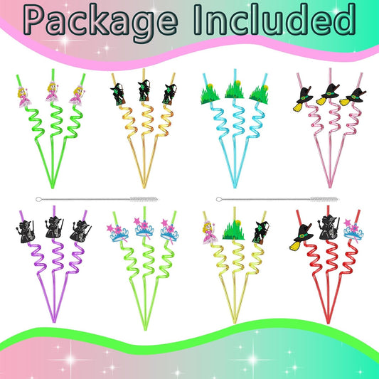Witch and Princess Reusable Straws Wizard Birthday Party Decorations Fun Witch Straws Pink & Green Themed Party Decor Birthday Supplies with 2 Brushes