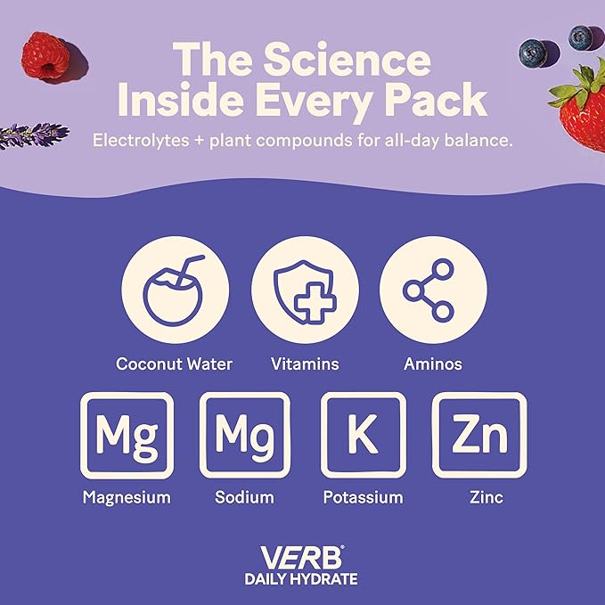 Verb Daily Hydrate Sugar Free Electrolyte Drink Mix - Lavender Lemonade, Zero Sugar Instant Hydration Packets for Daily Use, Essential Electrolytes Powder for Rehydration, Dehydration Relief, 12 Pack
