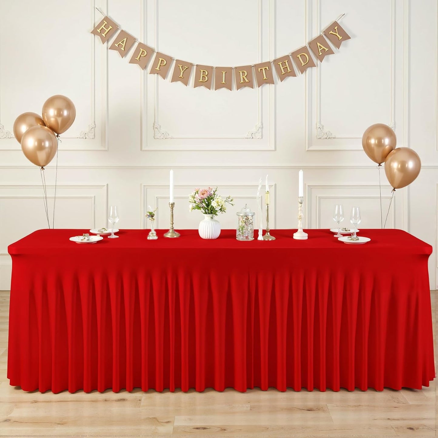 Suppromo 8ft Red Spandex Table Cloths for Rectangle Tables Wrinkle Free Red Tablecloth Rectangle Stretch Fitted 8 Foot Table Cover with Skirt for Birthday Party Baby Shower Wedding Banquet Buffet