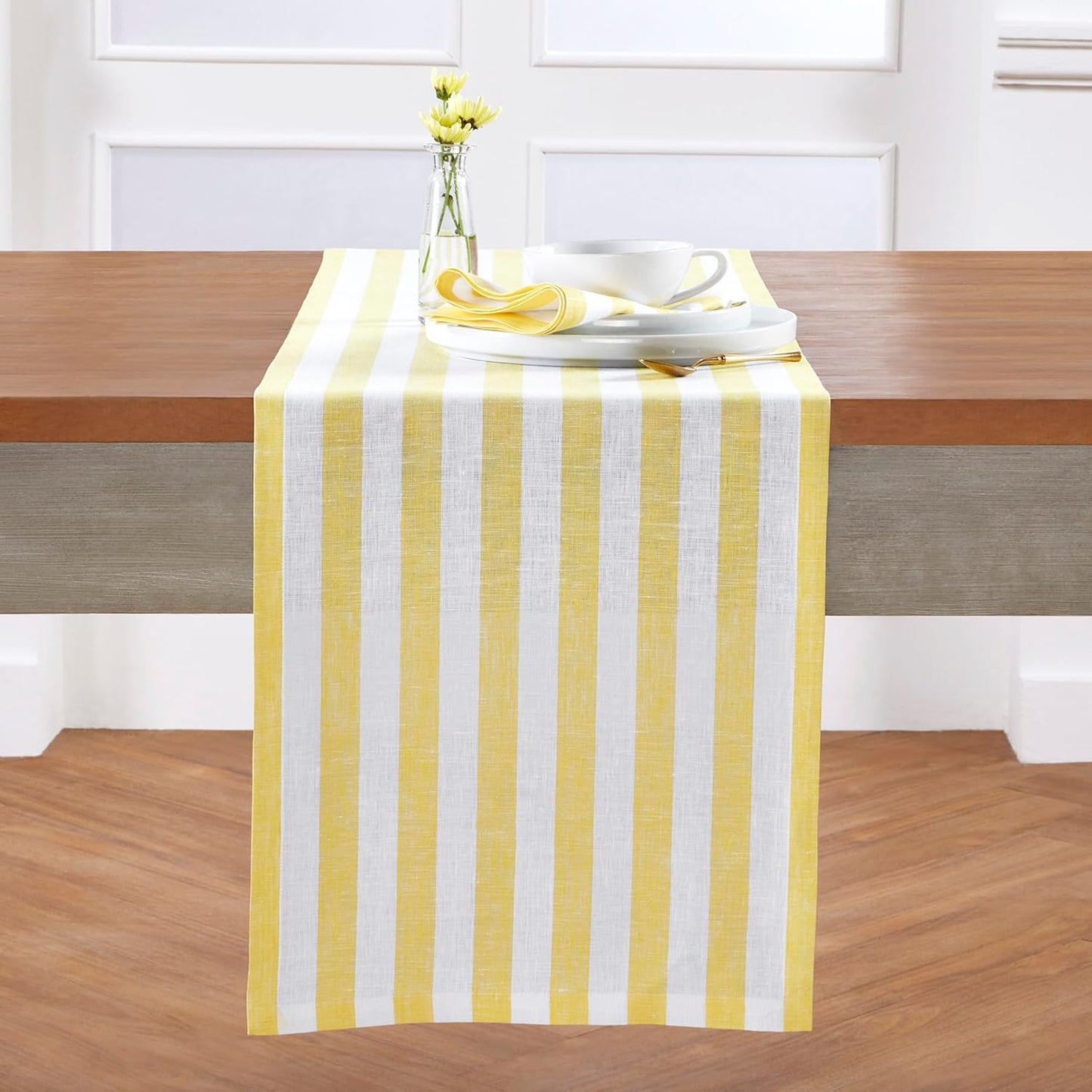 Solino Home Linen Table Runner 120 Inches Long - Sorrento Stripe, 100% Pure Linen Yellow and White Farmhouse Table Runner 14 x 120 Inch for Dining