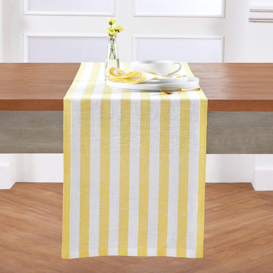 Solino Home Linen Table Runner 72 Inches Long - Sorrento Stripe, 100% Pure Linen Yellow and White Table Runner 14 x 72 Inch for Dining, Dresser