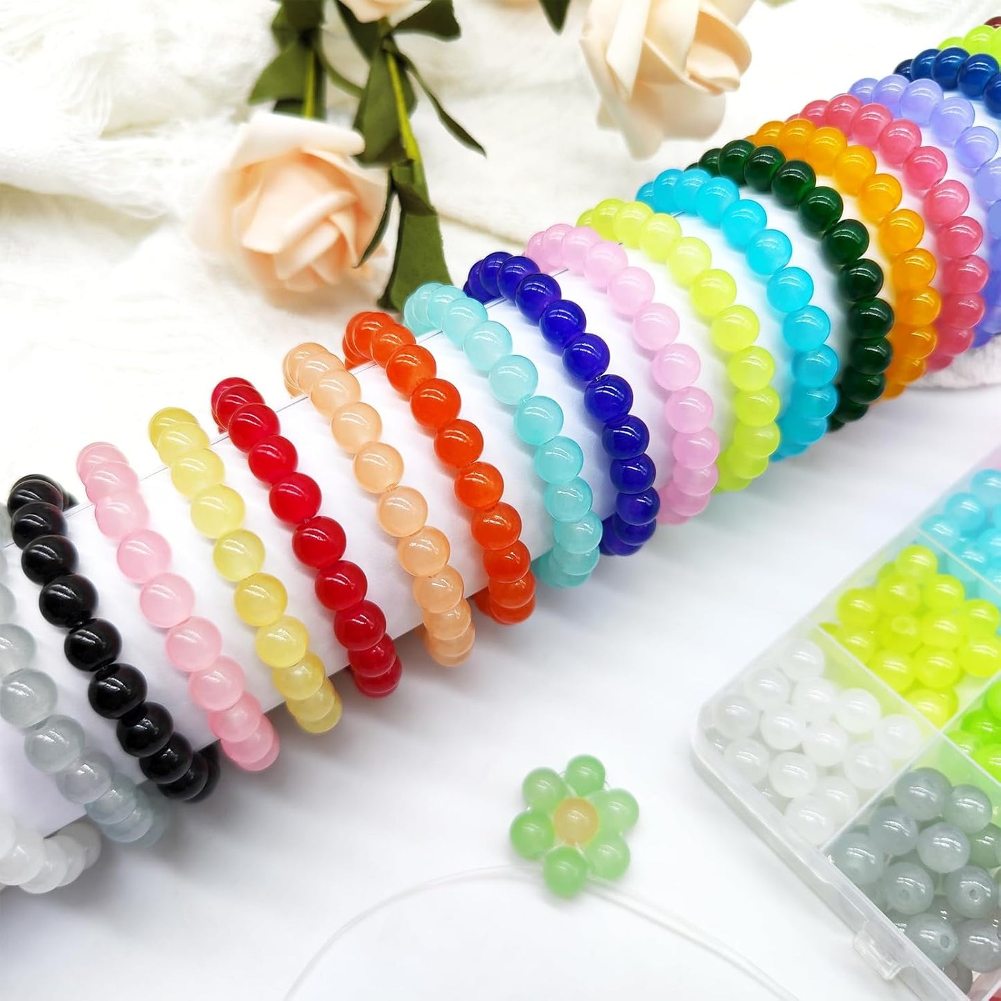 Dayify 1500 Pcs 8mm Glass Beads Bracelet Making Kit, 24 Colors Crystal Beads for Jewelry Making, Round Glass Beads with Charms for Bracelets and DIY Crafts