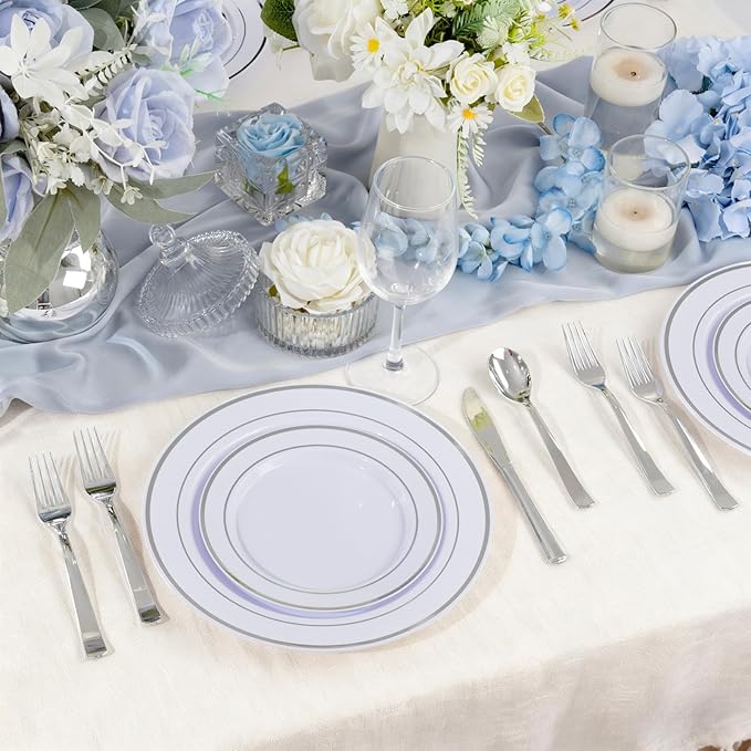 100PCS White Plastic Plates, 10 Inch Disposable Dinner Plate Party with Silver Rim, Heavy Duty Disposable Plastic Plates for Party, Wedding and Birthday