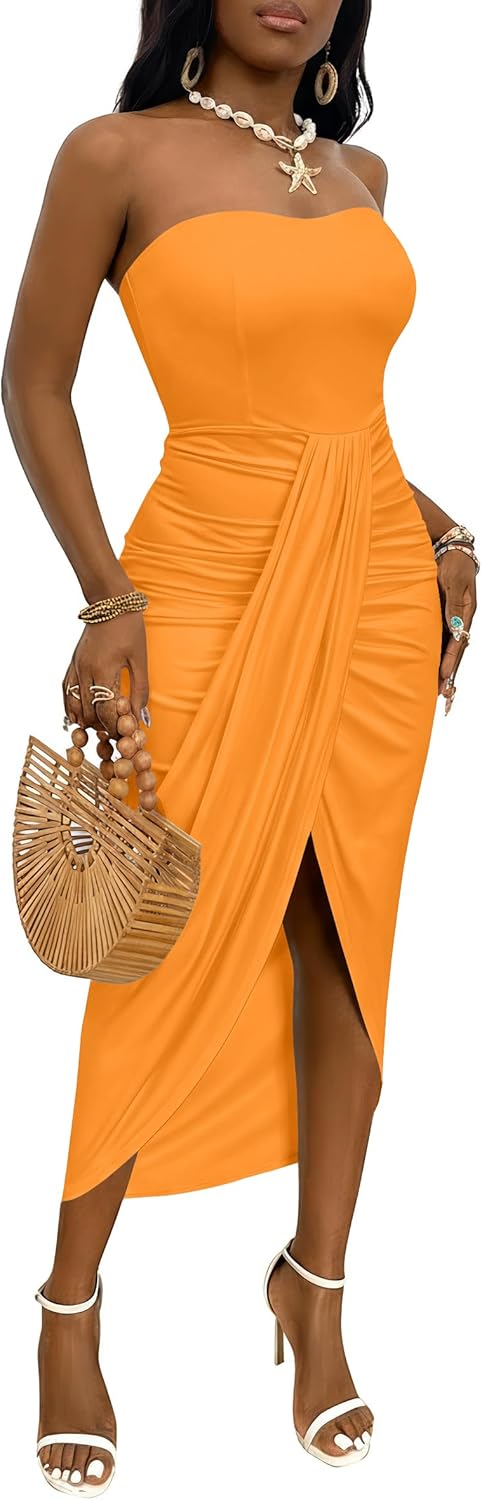 Umenlele Women's Strapless Ruched High Waist Wrap Split Asymmetrical Beach Maxi Long Dress