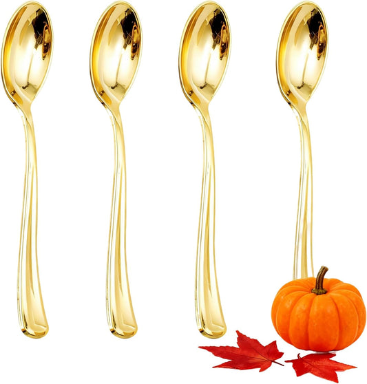 WDF 100 Pack Gold Plastic Spoons Disposable - Durable Heavy Duty 6.9 Inch Gold Spoons, Heat Resistant Modern Disposable Spoons Perfect for Thanksgiving Parties, Wedding, Banquets