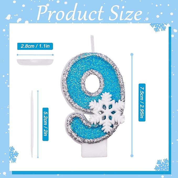 9th Blue Snowflake Birthday Candles Frozen Themed Number 9 Candles for Cake Topper Cupcake Decorations Party Decor Anniversary Celebrations Supplies