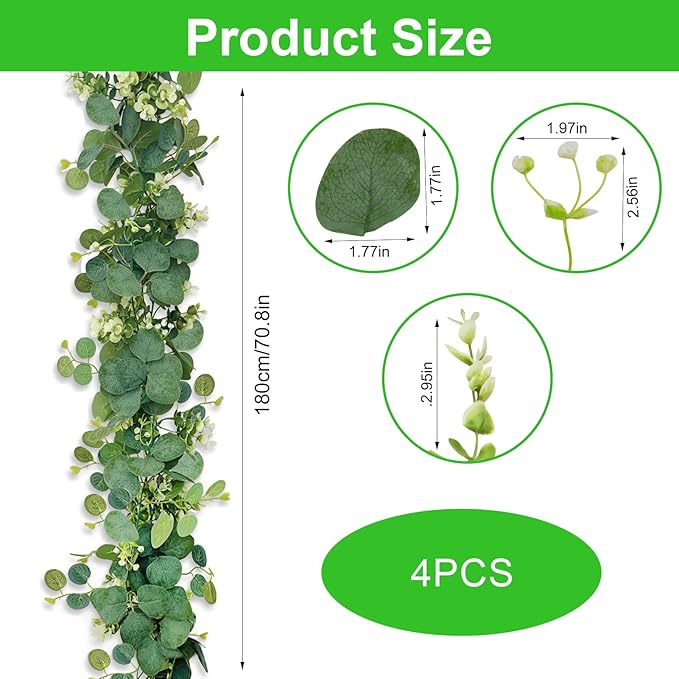 4 Pack Eucalyptus Garland, 5.9Ft Artificial Flowers and Leaves Greenery Garlands for Table, Faux Greenery Garland,Wedding Decorations, Party Decorations, Table Mantel Bedroom Wall Decoration