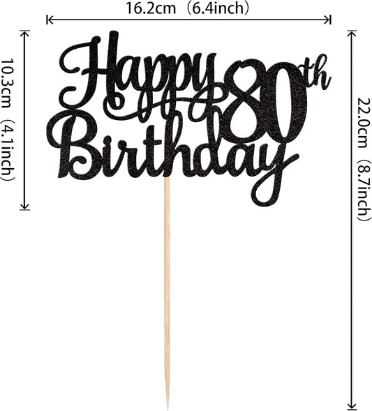 1 PCS Happy 80th Birthday Cake Topper Glitter Cheers to 80 Years Birthday Cake Pick 80 Fabulous Cake Decoration for Happy 80th Birthday Theme Party Decorations Supplies Black