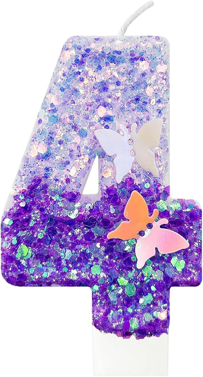 4Th Birthday Candle for Cake，Butterfly Cake Toppers，Butterfly Birthday Decorations，Purple Birthday Candles，for Birthdays,Theme Parties, Celebration, Anniversary