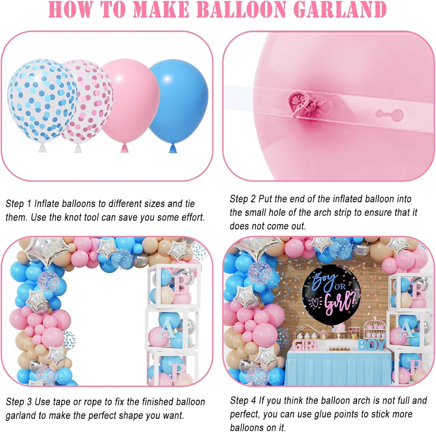 Amandir 164PCS Baby Boxes Gender Reveal Balloon Decorations, Pink and Blue Balloon Garland Kit 4pcs Boxes with Letters for Baby Shower Birthday Boy or Girl Gender Reveal Party Supplies
