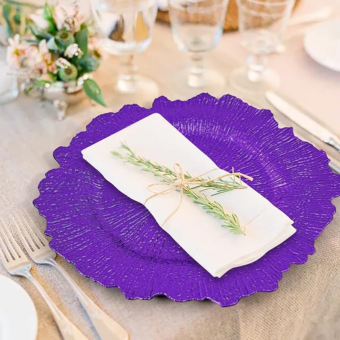 50 Pcs Purple Charger Plates Bulk 13 Inch Plastic Charger Plates for Dinner Plate, Purple Chargers for Table Setting, Reef Design Plate Floral Decorative Round Chargers for Wedding Party Event