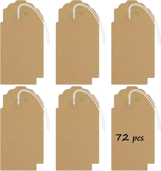 Uniclife 72 Pcs Blank Shipping Tags with Elastic String Attached Kraft Paper Tags Hang Tags with Reinforced Eyelet Large Marking Tags Price Tags Inventory Label Tags, Brown (4.7" L x 2.36" W)