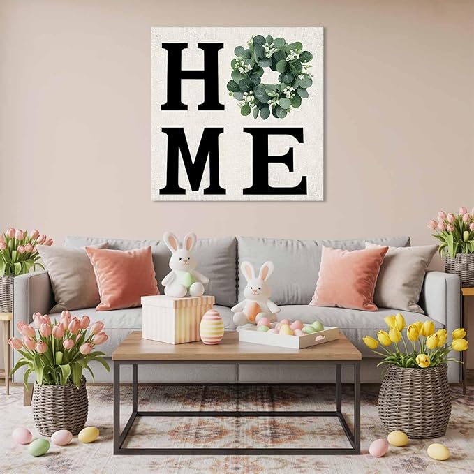 Canvas Artwork Painting Art, Home Green Eucalyptus Leaves Garland Square Framed Wall Decorations Prints Picture for Bedroom Kitchen Living Room, 24x24 in Retro Linen