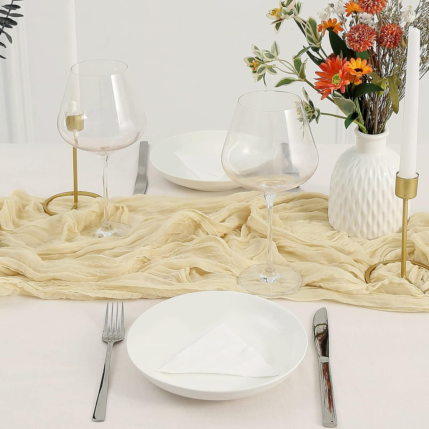 DOLOPL 8PCS Cream Cheesecloth Table Runner Bulk 13.3ft Boho Gauze Cheese Cloth Table Runner Rustic Sheer Runner 160inch Long for Wedding Bridal Baby Shower Birthday Party Cake Table Decorations