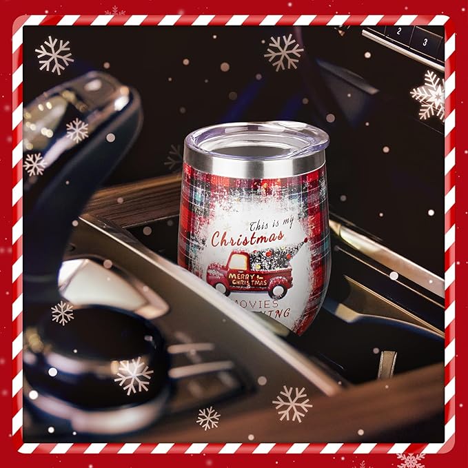 Christmas Wine Tumbler 12 oz Christmas Stainless Steel Wine Glass with Lid and Straw Stemless Double Wall Insulated Wine Cups Keeping Cold & Hot for Holiday Xmas Wedding Party Gifts (trucks)