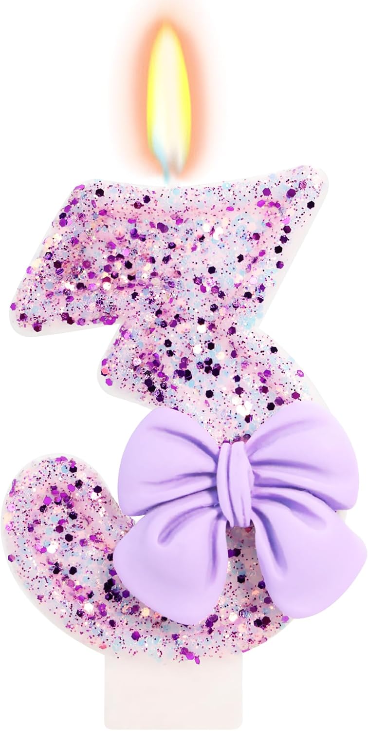 Birthday Candle for Cake, 3 Candle - Purple Glitter with Bowknot, 2.76 inch Cake Topper Decoration for 3 Years Old Birthday Party (Number 3)
