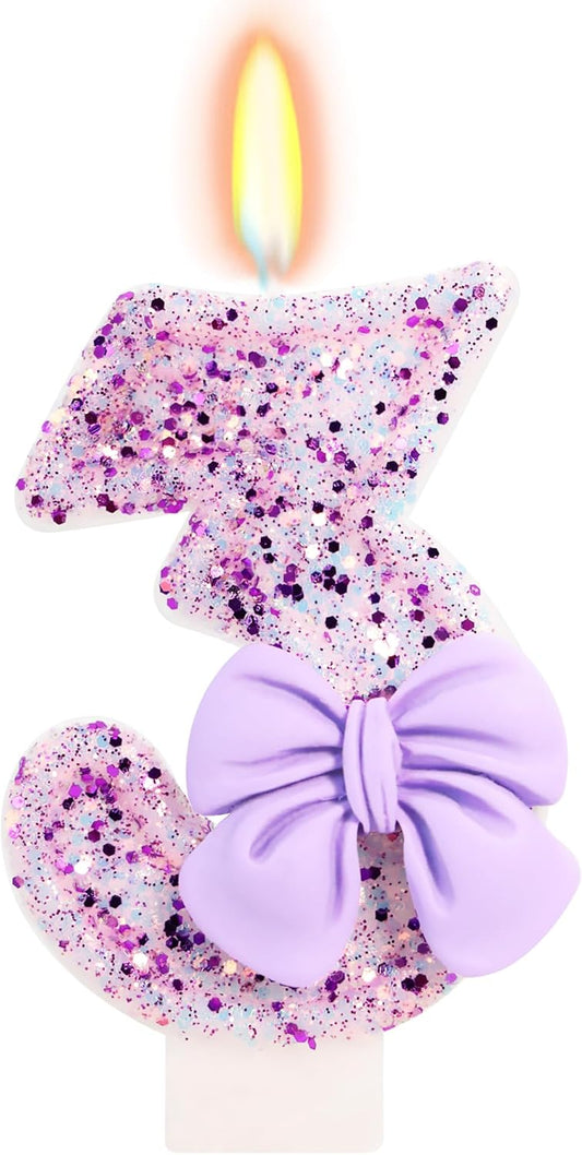 Birthday Candle for Cake, 3 Candle - Purple Glitter with Bowknot, 2.76 inch Cake Topper Decoration for 3 Years Old Birthday Party (Number 3)