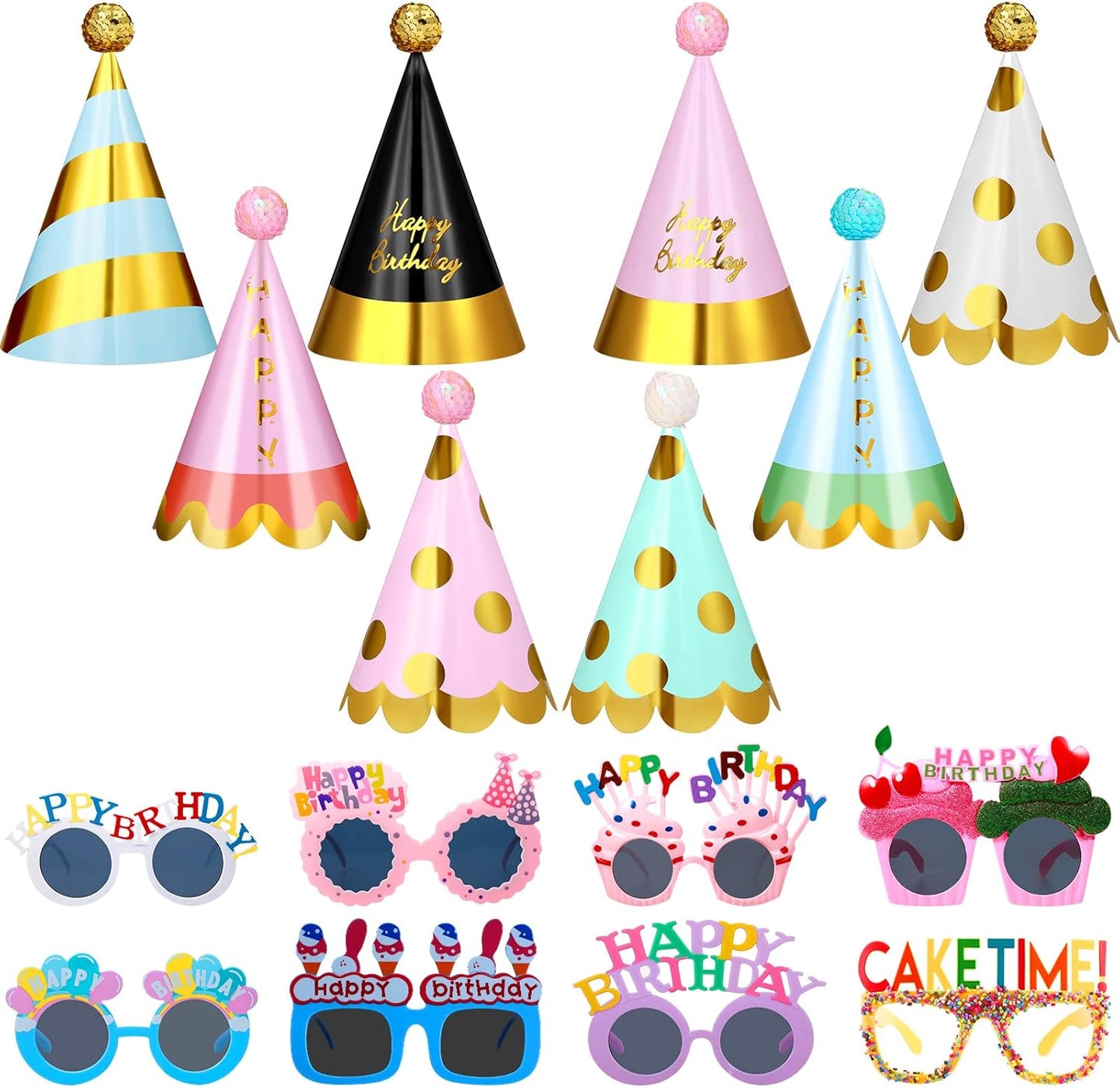 16 Pcs Birthday Party Hats Party Cone Hat with Pom Poms Birthday Glasses Photo Booth Props for Kids Adults (Glitter Style)