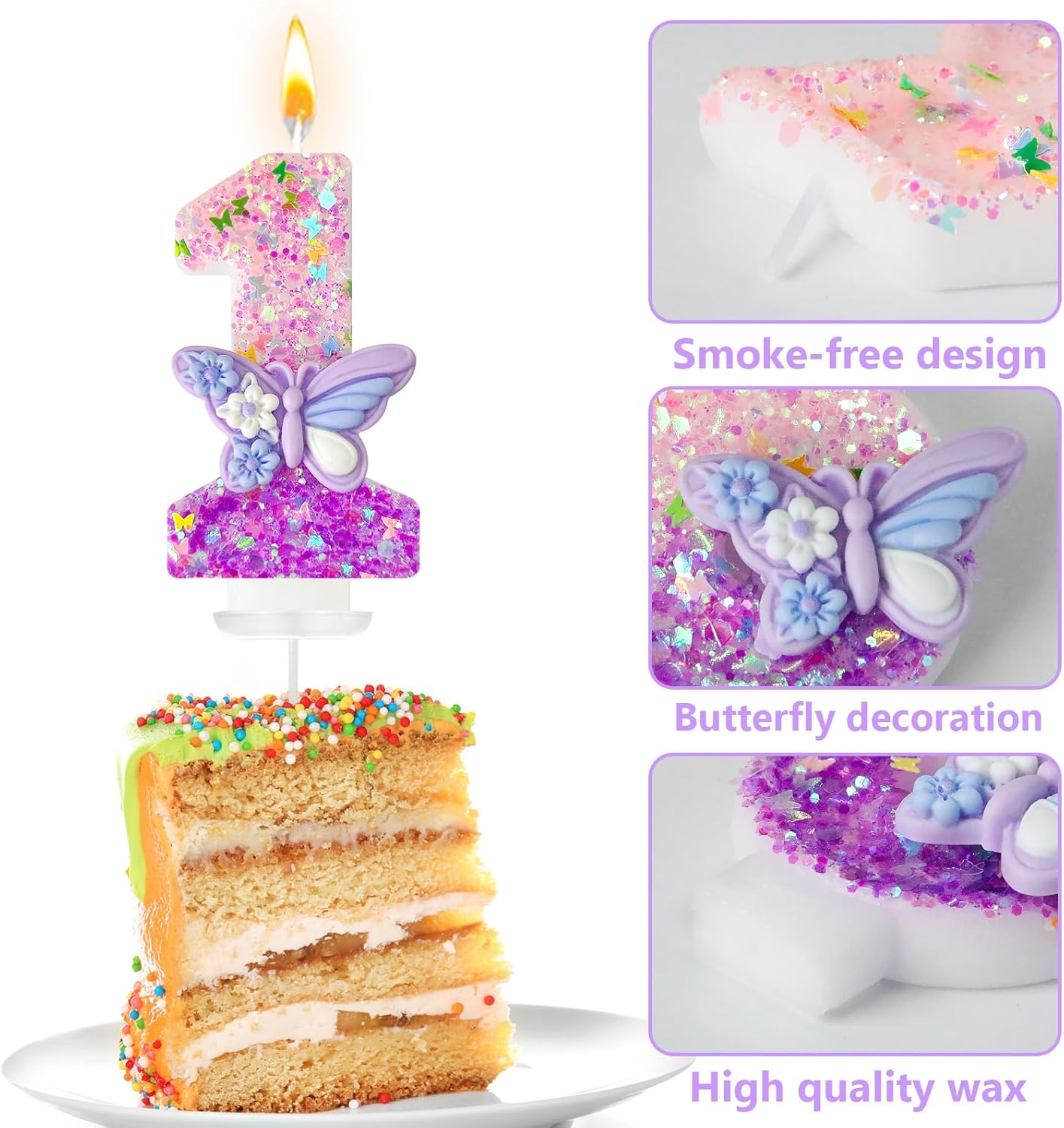 HXOUSE Butterfly Number 1 Birthday Candles - Pink & Purple Butterfly Birthday Candles for Cake, 1 Candle Topper for Anniversary Celebrations Supplies, Fairy Party Decorations for Girl (Number 1)