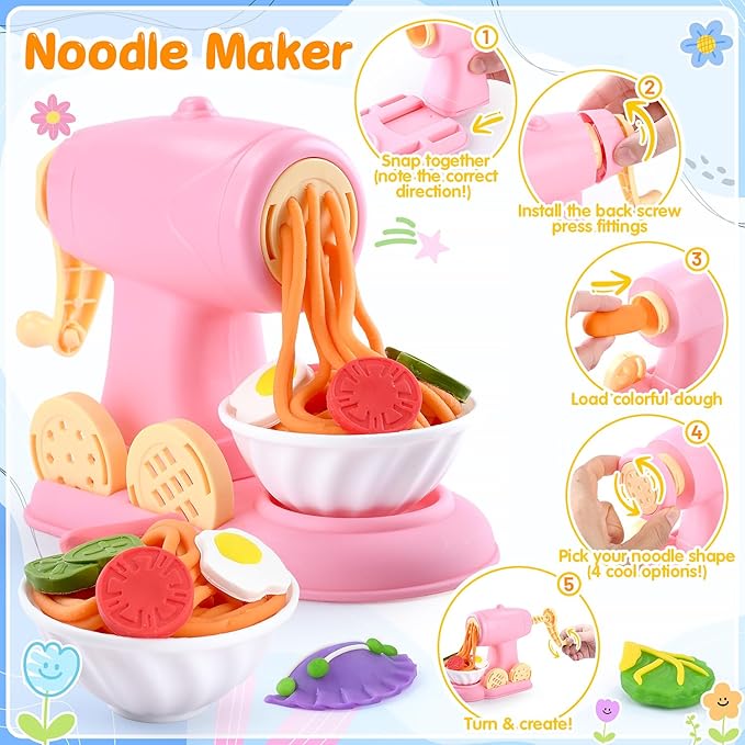5-in-1 Color Dough Sets for Kids Ages 3+ DIY Food Maker Toys Set with 24 Dough, Arts and Crafts Kit for Pretend Play Ice Cream/Cake/Noodle/Hamburger/Pizza/Baking Set Toys Machines