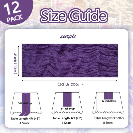 12 Pack Purple Cheesecloth Table Runner 10ft Boho Gauze Fabric Cheese Cloth Table Runner 35 x 120 Inch Rustic Sheer Runner for Romantic Wedding Decor Baby Shower Party Table Centerpiece Decoration
