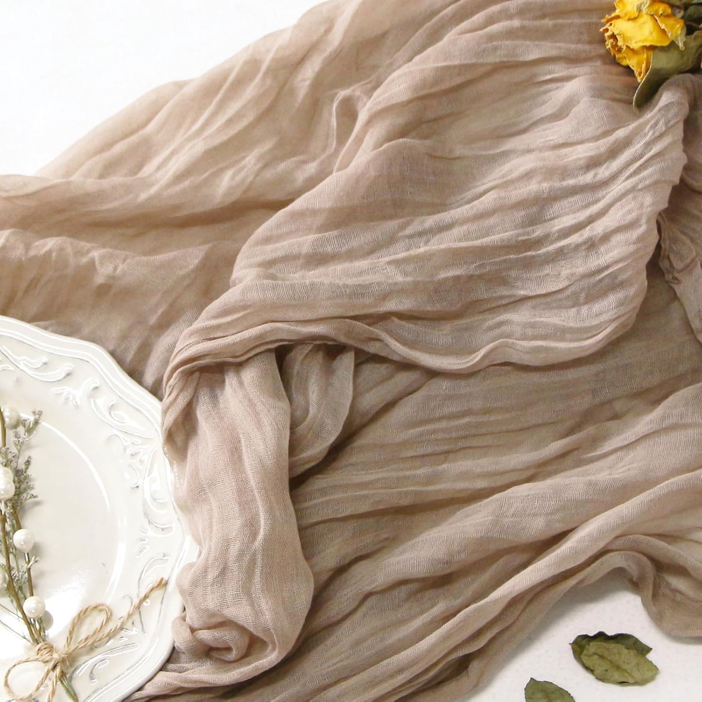 FEXIA Sand Cheesecloth Table Runner 35x120 Inches Spring Easter Nude Gauze Table Runner for Bridal Shower Wedding Party First Communion Centerpiece Engagement Boho Table Decoration