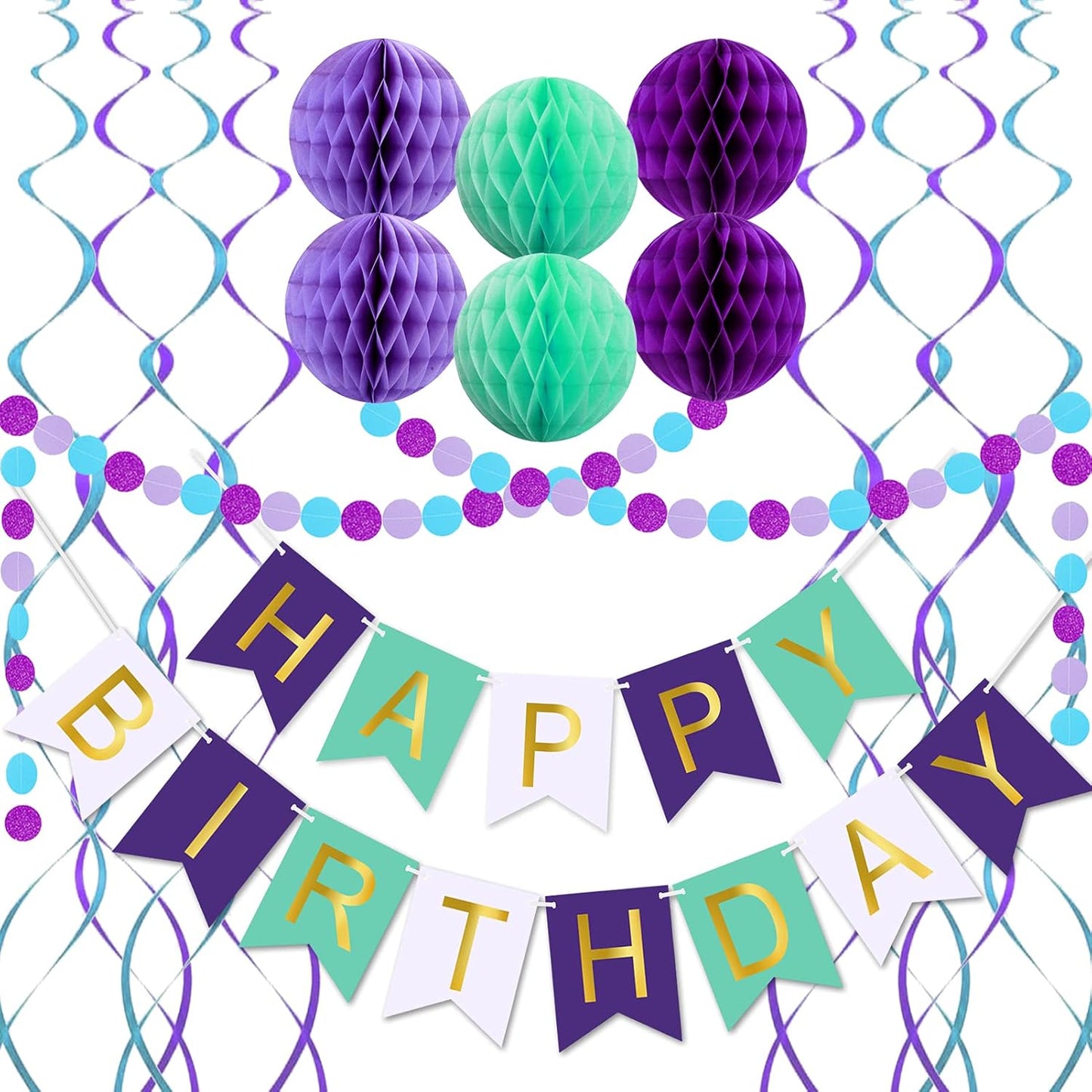 Mermaid Birthday Decorations with Happy Birthday Banner, Paper Honeycomb Balls, Circle Garland and Hanging Swirl Decorations