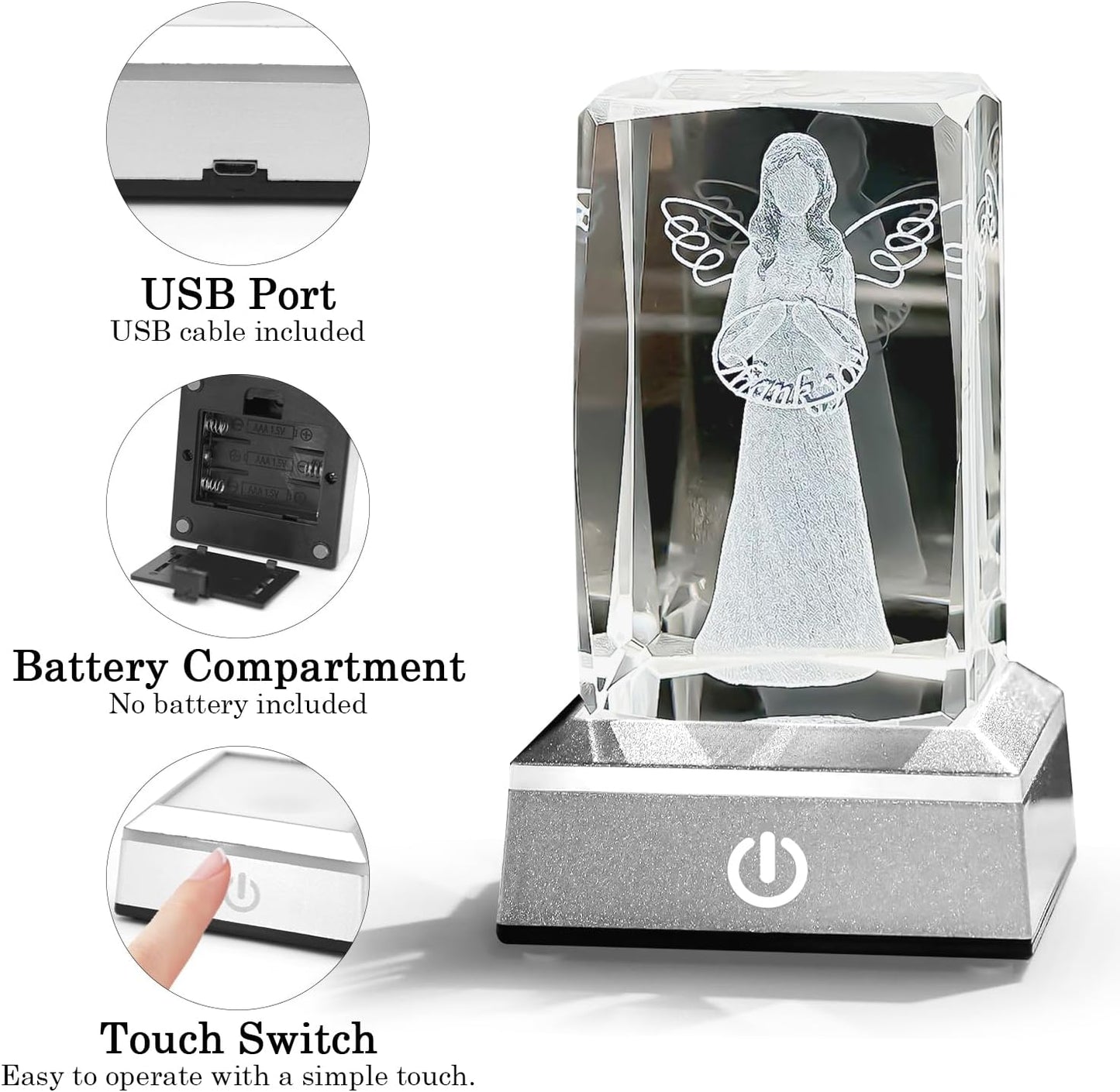 Thank You Gifts for Women - 3D Crystal Angel Figure Thank You Gifts for Teachers Coworkers Boss Nurse Doctor Pastor Employee Appreciation Gifts Wedding Thank You Gift Nightlight with Led Colorful Base