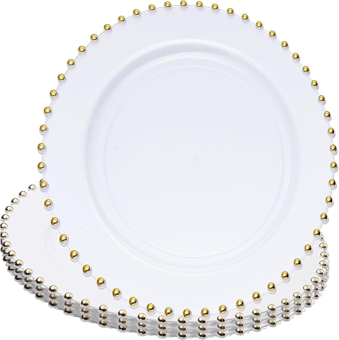 PLASTICPRO White with Gold Rim Plastic Charger Plates with Beaded Edge – Pack of 4 – 13" Elegant Round Disposable Chargers for Weddings, Events, Parties, and Dinners