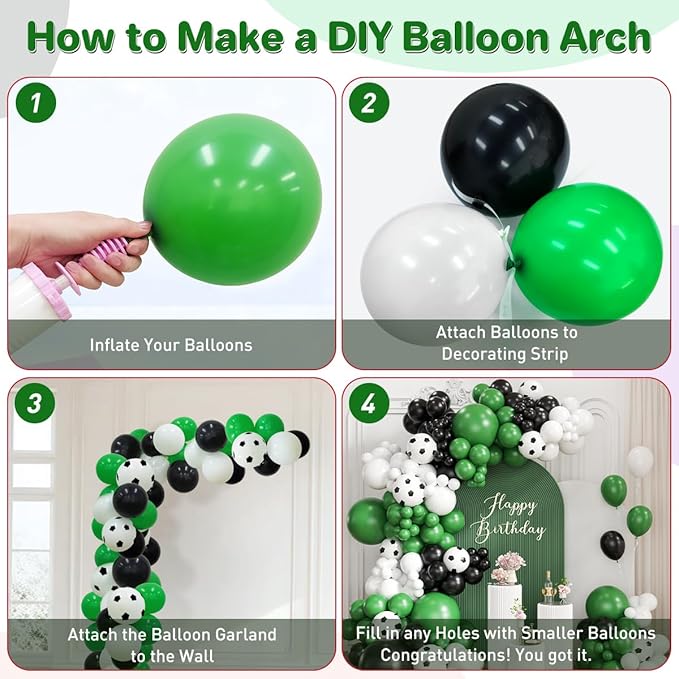Black Green White Balloon Garland Arch Kit, 167Pcs Latex Balloons Different Sizes for Soccer Ball Theme Birthday Futbol Baby Shower Football Graduation Wedding Party Decorations