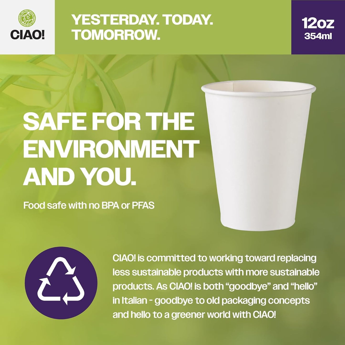 CIAO! 12oz White Paper Hot Cup, Disposable, 90mm Diameter 1,000 Count