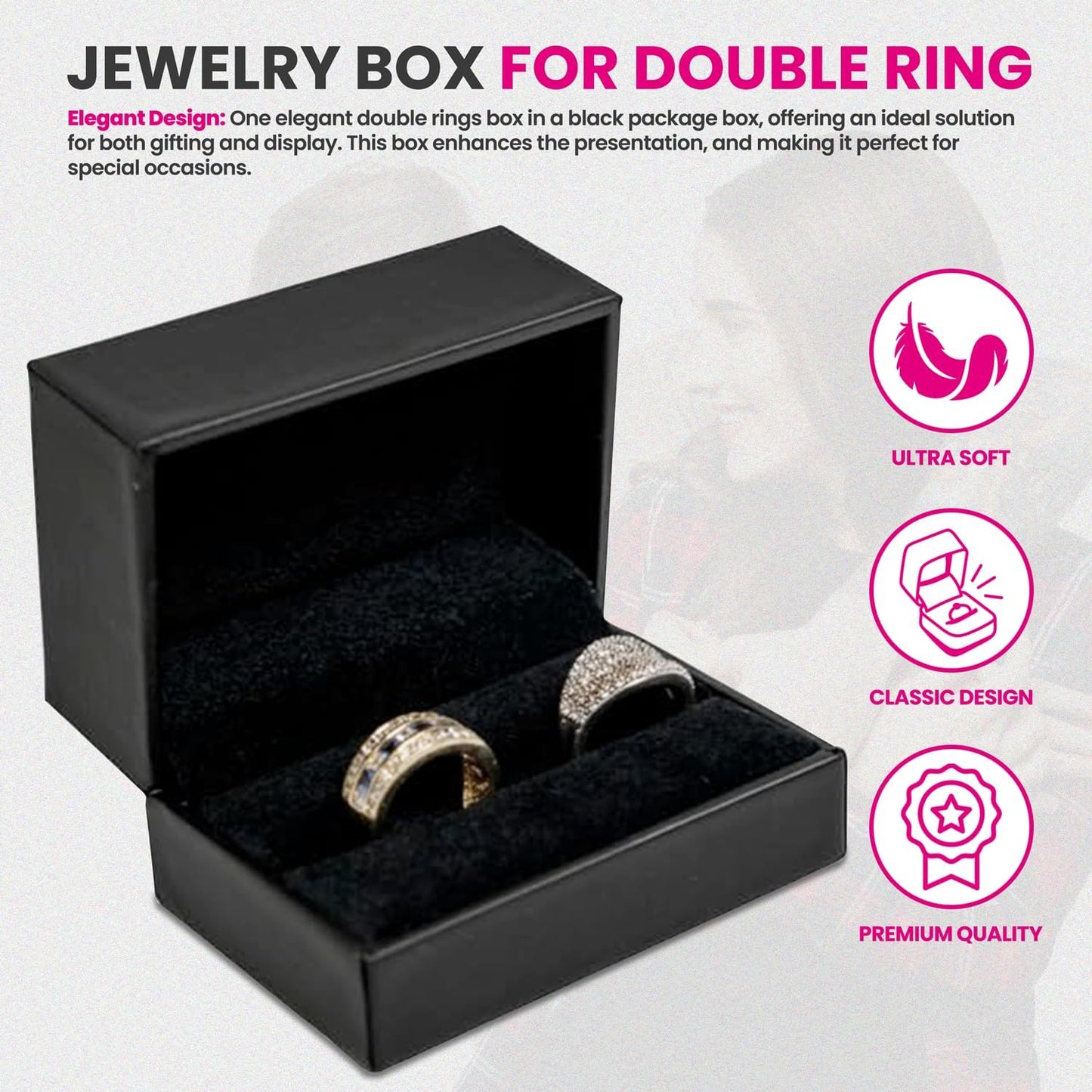 Novel Box Black Jewelry Box for Double Rings 3.12x2.12x1.87 Inches - Double Rings Gift Box for Proposal Wedding Engagement - Faux Leatherette Jewelry Display Box - Gift Presentation Boxes for Rings