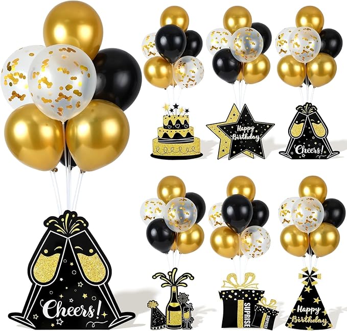 6 Sets Balloon Stand Kit for Table Happy Birthday Black Gold Balloon Centerpiece Decor Black and Gold Balloon Stand Kit for 40th 50th 60th 70th Birthday Party Decoration