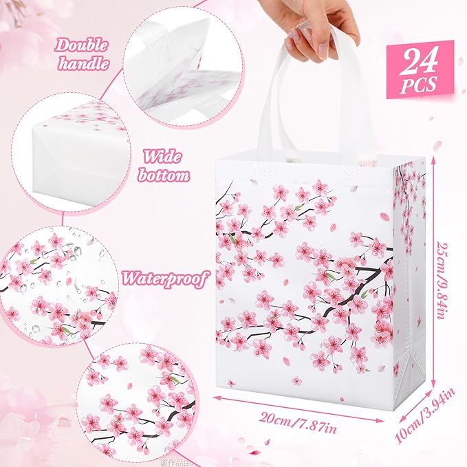 Supervitae 24 Pack Cherry Blossom Theme Gift Bags Spring Floral Medium Goodie Party Favor Bags Vintage Reusable Totes Non Woven Totes for Baby Shower Birthday Wedding Family Travel(9.8" x 7.9" x 3.9")