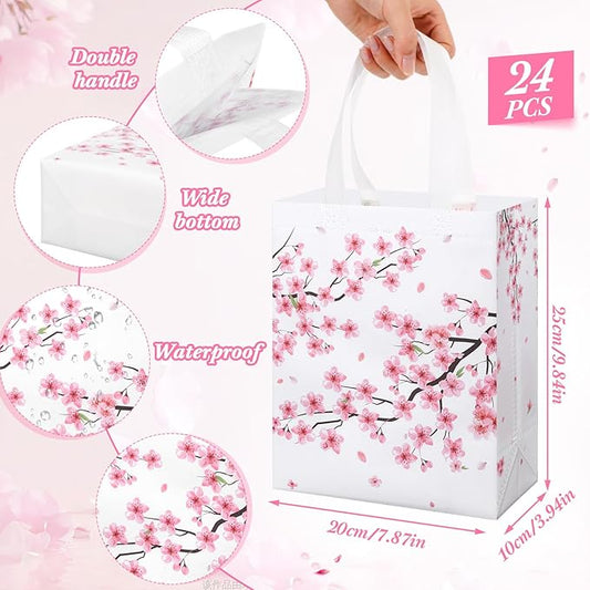 Supervitae 24 Pack Cherry Blossom Theme Gift Bags Spring Floral Medium Goodie Party Favor Bags Vintage Reusable Totes Non Woven Totes for Baby Shower Birthday Wedding Family Travel(9.8" x 7.9" x 3.9")