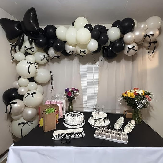 Black Bow Balloon Arch, Black White Coquette Birthday Decorations, Double Stuffed Pearl Sand White Ivory Black Balloon Garland with Foil Bow Balloons for Engagement Wedding Bridal Shower Bachelorette