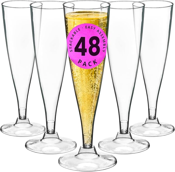 DecorRack 48 Champagne Glasses, 5 Oz -BPA Free- Plastic Flutes, Perfect for Outdoor Parties, Weddings, Hosting, Stackable, Reusable, Disposable Stemmed Cups (Pack of 48)