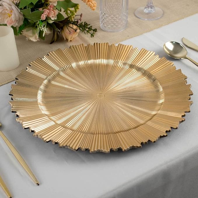 Efavormart 6 Pack | 13" Metallic Gold Sunray Acrylic Plastic Serving Plates, Round Scalloped Rim Disposable Charger Plates