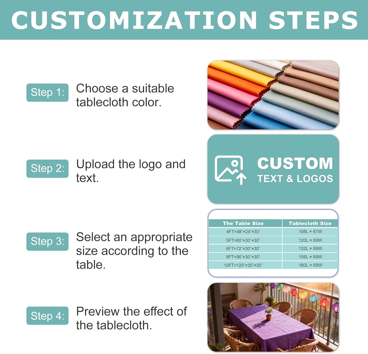 Custom Table Cloth with Business Logo, Personalized Table Cloth with Logo for 4FT 5FT 6FT 8FT 10FT, Ideal for Tradeshow Events, School, Associations, Birthday Party & Wedding (6FT Open Back)
