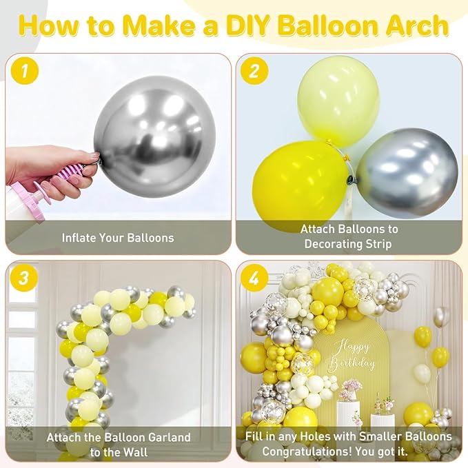 Yellow Silver Balloon Garland Arch Kit, 167Pcs Latex Balloons Different Sizes 18 12 10 5 inch for Birthday Bee themed Baby Shower Graduation Wedding Party Decorations