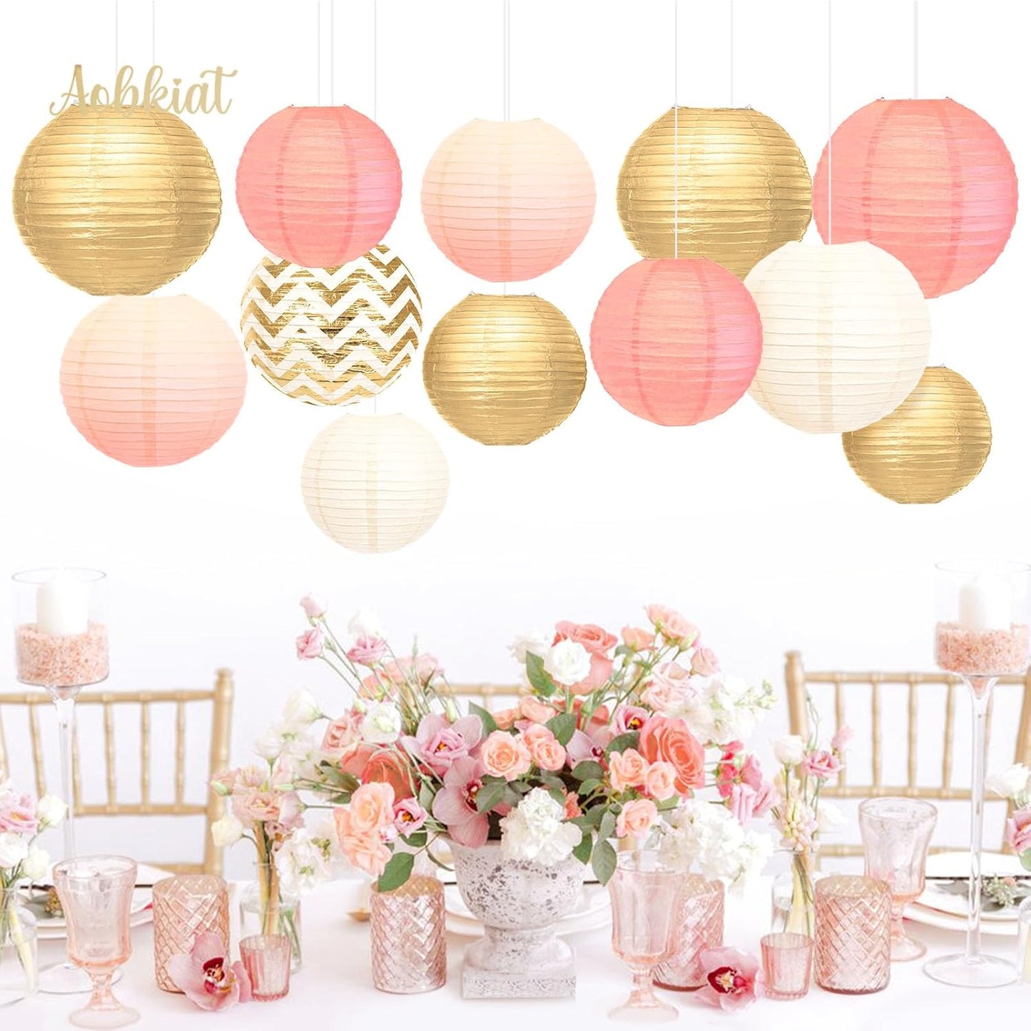 AOBKIAT Pink Birthday Party Decorations for Women Girls,12 Pcs Gold Hanging Paper Lantern for Wedding Engagement Bridal Baby Shower Bachelorette Party Supplies