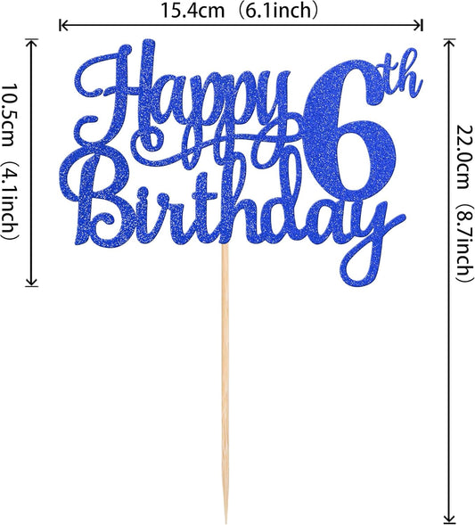 1 PCS Happy 6th Birthday Cake Topper - Glitter Cheers to 6 Years - Fabulous Cake Decoration for Blue Theme Party